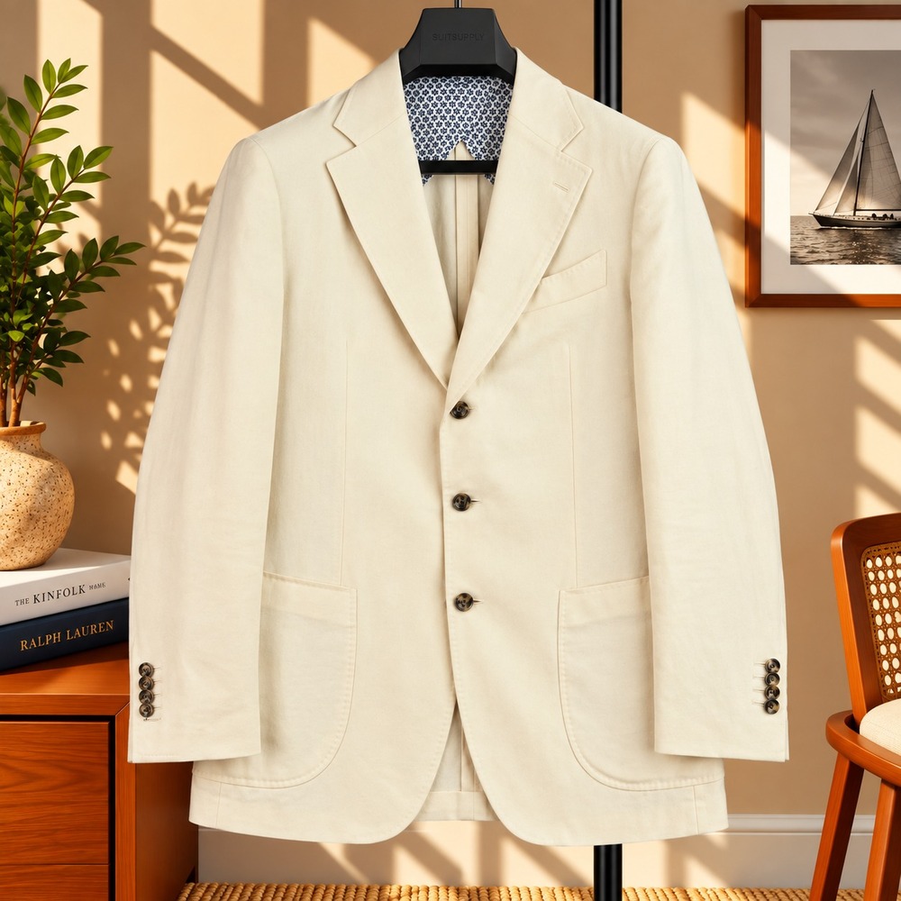 Suitsupply Blazer Mens 40L Cream La Spalla Subalpino Cotton Italy Unstructured
